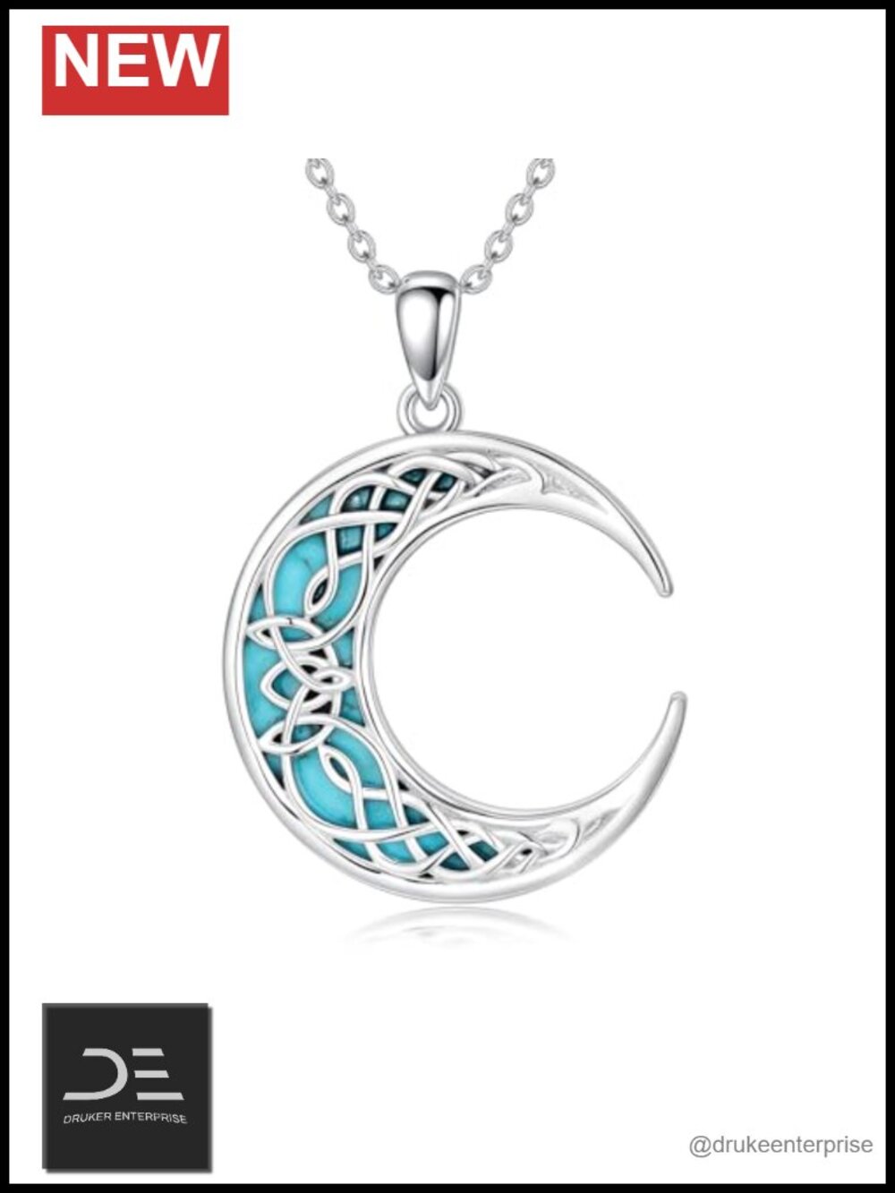 Natural Turquoise Celtic Moon Pendant Necklace 925 Sterling Silver for Women